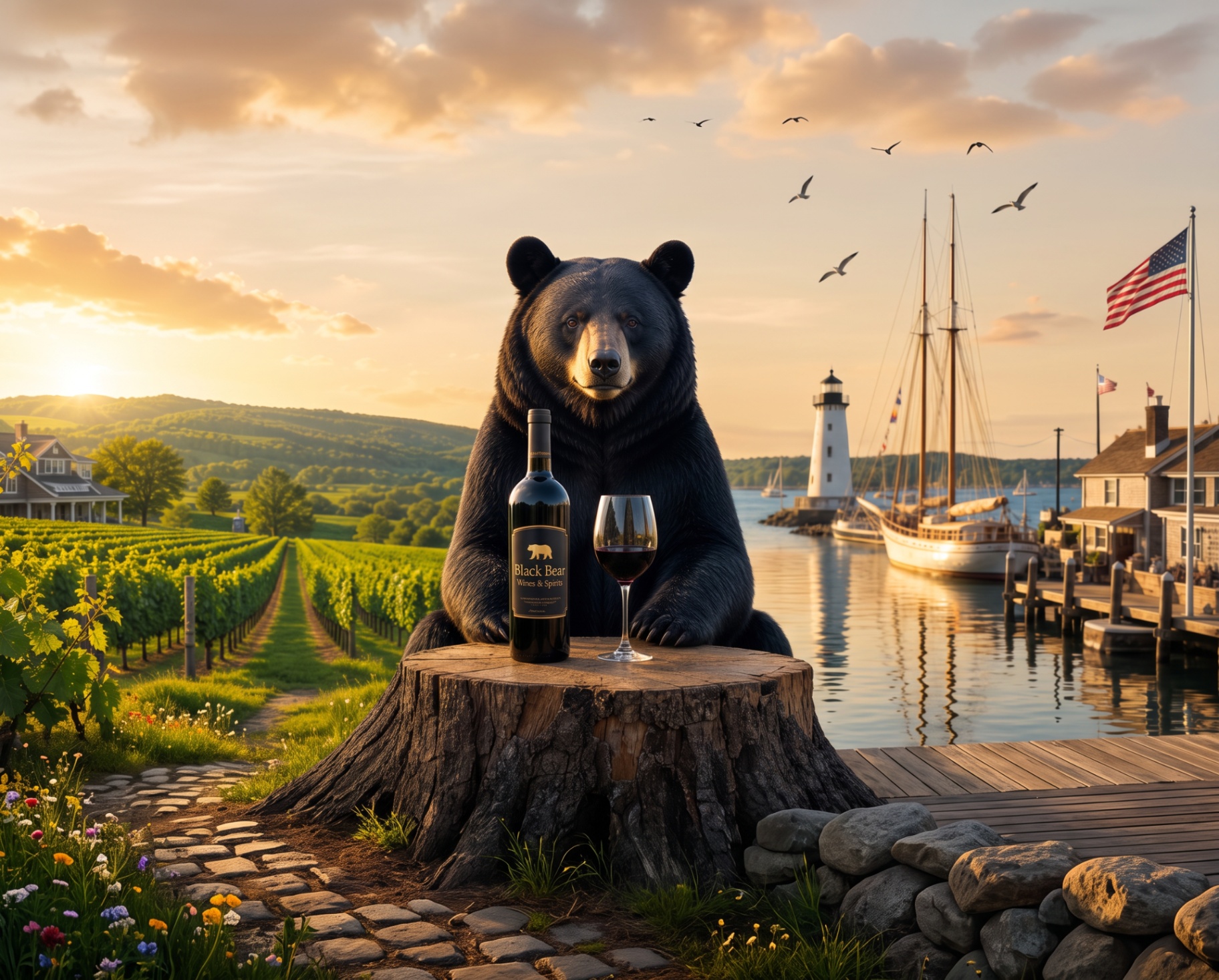 Black Bear Wines & Spirits — a black bear beside a rustic stump holding a branded wine bottle and glass, Connecticut countryside meeting the seaport